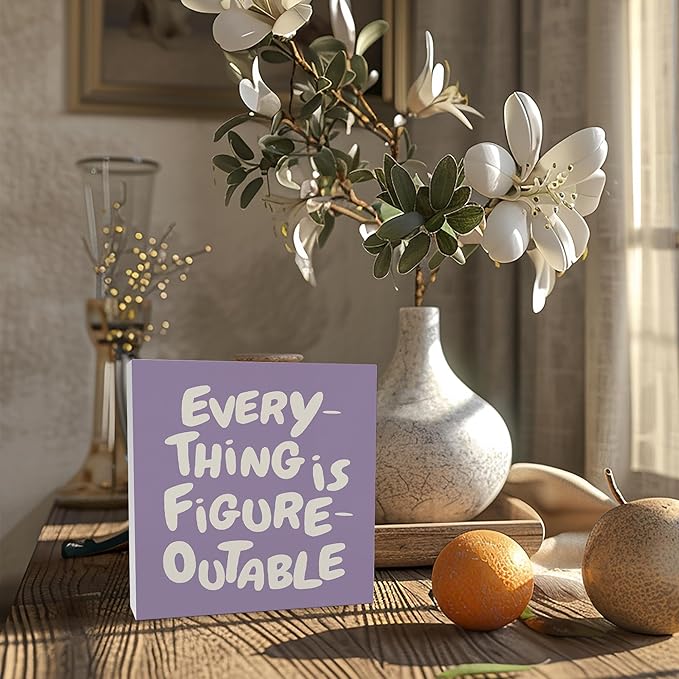 Inspirational Purple Office Decor, Every Thing is Figure Outable Motivational Office Accessories Wooden Box Sign, Inspirational Gifts for Women, Men Wall Desk Shelf Tabletop Decoration 6x6In
