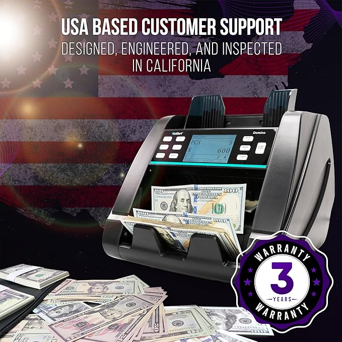 KOLIBRI Domino Money Counter Machine Mixed Denomination | Mixed Value Cash Counter Machine | 2 CIS UV/MG IR/MT SN/DV IRT Fake Detections Money Counting Machine | 3-Year Warranty (US Tech Support)