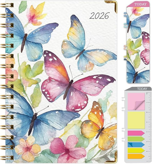 HARDCOVER 2026 Planner, 5.5"x8": 14 Months (November 2025 - December 2026), Daily Weekly Monthly Planner, Yearly Agenda, Bookmark, Pocket Folder and Sticky Note Set (Watercolor Butterflies)