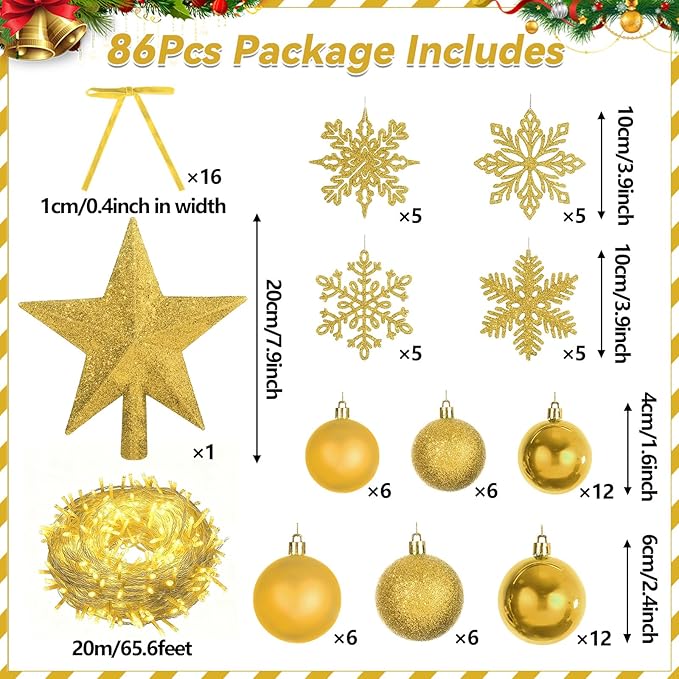 86Pcs Led Light Champagne Gold Christmas Tree Decorations Set 100 Led Light Christmas Star Trees Topper with String Lights Xmas Balls Snowflakes Ornaments Bows Xmas Trees Decor 20m Light String