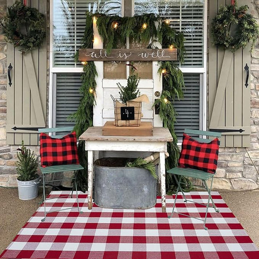 Buffalo Plaid Outdoor Rug, 4' x 6' Red&White Christmas Check Indoor/Outdoor Area Rug, Layering Rug for Hello/Welcome Door Mat, Machine Washable Cotton Woven Rug for Farmhouse Front Porch, Entryway