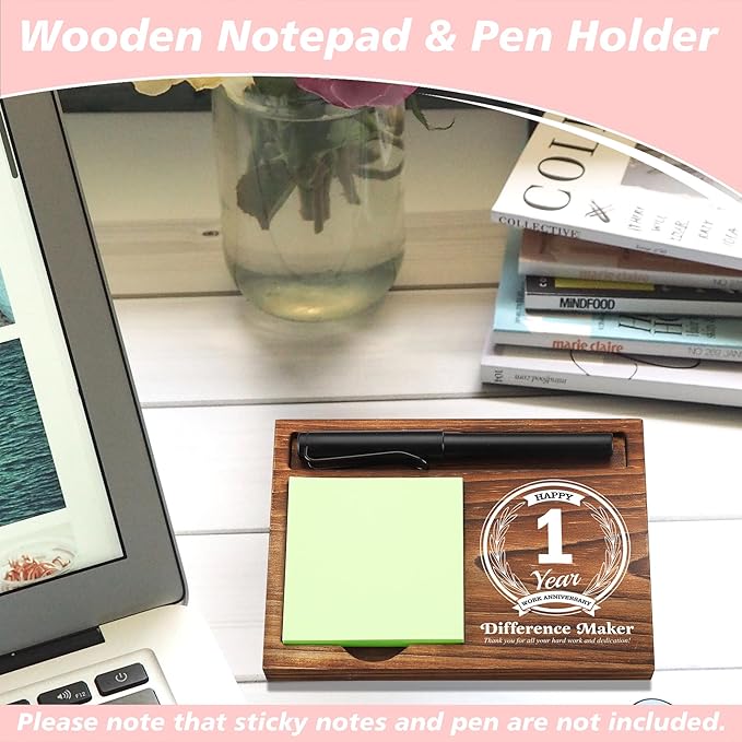 1st Work Anniversary Sticky Note Holder Wooden Notepad & Pen Holder 6.5" x 4.7" Sticky Note Pad Holder Dispenser for Desk Difference Maker Work Appreciation Gifts, NPA226