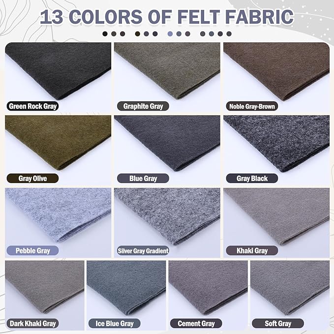 XSEINO 13 Rolls 8"x35" 1.4mm Thick Soft Felt Fabric Sheet 13 Assorted Gray Series Colors Felt Pack Pastel Felt Sheets for DIY Craft Sewing Squares Nonwoven Patchwork