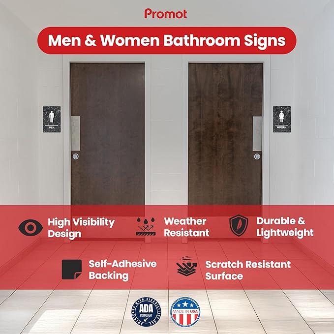 Promot Men and Women Restroom Sign – ADA Braille Bathroom Sign for Business, Self-Adhesive, 9" x 6", Commercial Door Signage, Office Wall Decor - Marble Charcoal