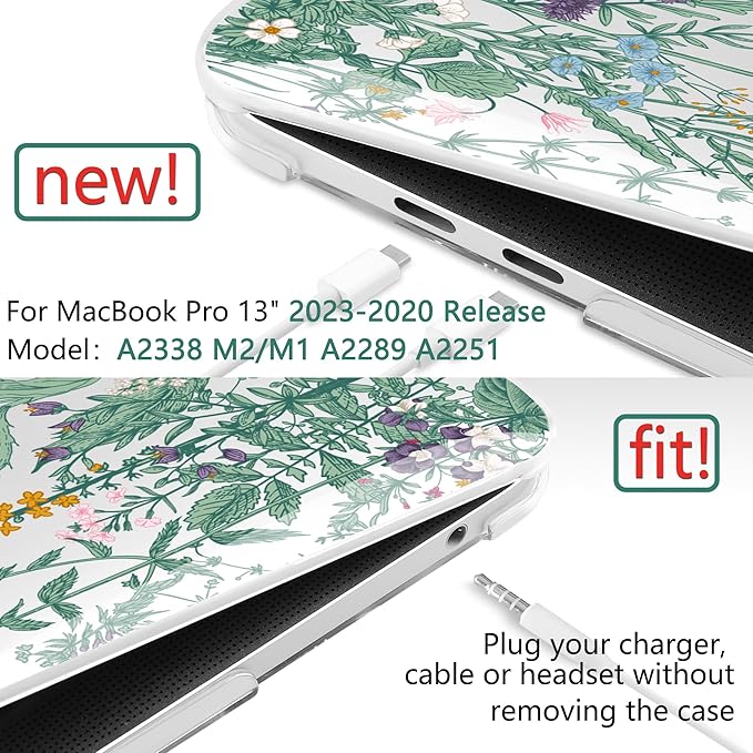 TWOLSKOO Compatible with MacBook Pro 13 inch Case 2023-2016 A2338 M2/M1 A2251 A2289 A2159 A1989 A1706, Plastic Hard Shell Cover & Keyboard Skin & Screen Protector, Botanical Illustration