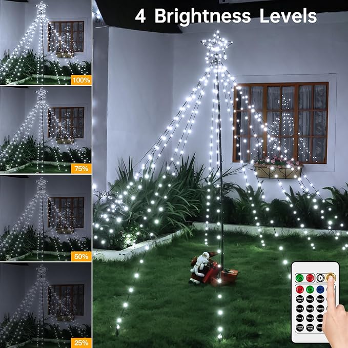 Christmas Tree Lights 340LED with Topper Star, IP67 Waterproof Remote Control Waterfall Lights with Pole, 16 Modes 3 Timers Dimmable Christmas Decorations for Outdoor Yard (White)