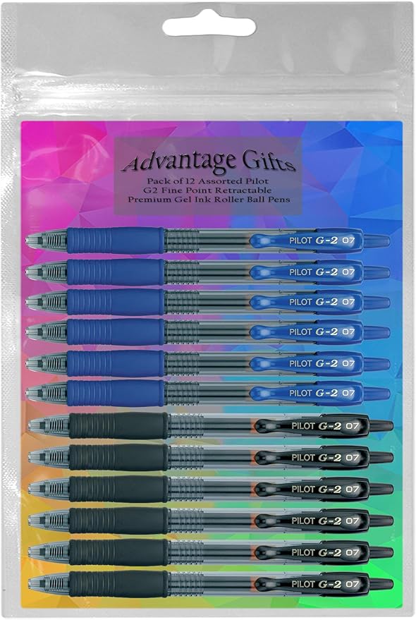 G2 Retractable Premium Gel Ink Roller Ball Pens Fine Point Fine Point (.7mm) Black/Blue Ink 12-pk; Refillable & Premium Comfort Grip Bundle with Plastic Reusable Pouch