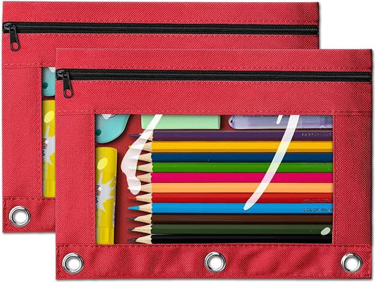 V-Opitos Pencil Pouch for 3 Ring Binder, 2 Pack Red 3-Holes Zipper Pencil Pouches, Sturdy and Durable Cloth Pencil Case with Clear Window for Office School College Supplies