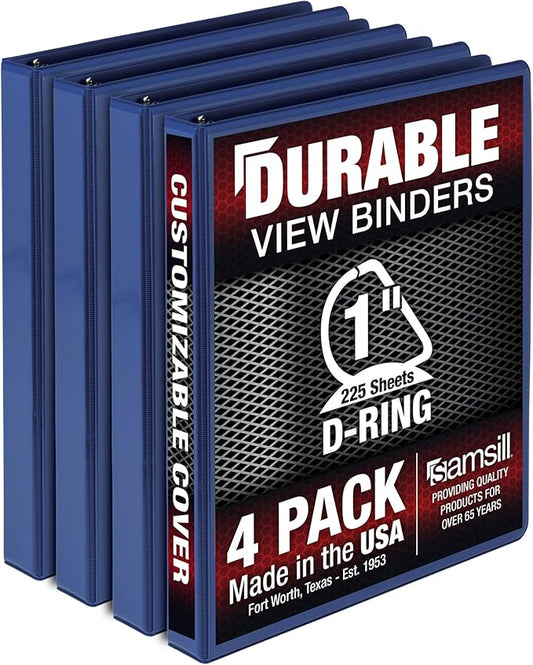 Samsill Durable 1 inch 3 Ring Binder, Made in USA, D Ring Binder, FSC 100% Recycled Chipboard, Blue, 4 Pack