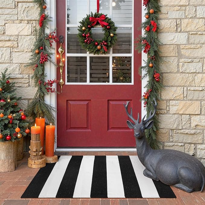 Black and White Striped Outdoor Rug 24"x 35", Washable Christmas Front Door Mat, Cotton Woven Farmhouse Front Porch Rug, Layered Door Mats Outdoor for Entryway Kitchen