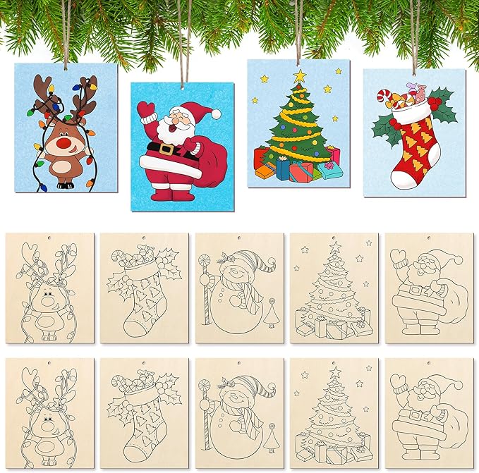 COCHIE 10 Pieces Large Christmas Unfinished Wood Crafts to Paint for Adults and Kids, Bulk Winter Predrilled Wooden Ornaments for Painting, Xmas Tree Truck Paintable Wood Slices Craft Supplies