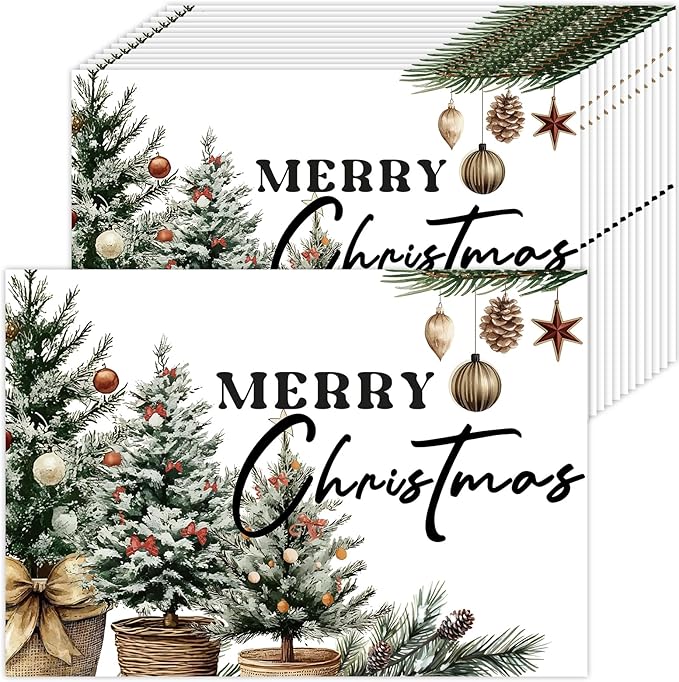 50 Pack Pine Trees Merry Christmas Balls Paper Placemats,16x 11 Inch Xmas Tree Disposable Placemats Seasonal Winter Xmas Holiday Table Mats for Kitchen Dining Christmas Party Decor