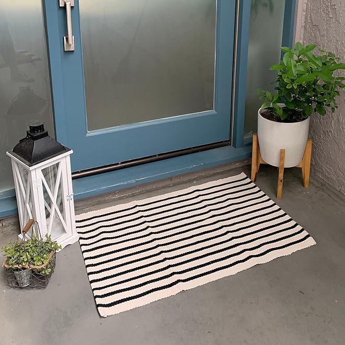 Collive Black and White Striped Door Mat 24"x35", Cotton Hand Woven Welcome Entryway Rug, Washable Small Christmas Porch Decor, Christmas Welcome Mat for Indoor Outdoor Kitchen Farmhouse Entrance