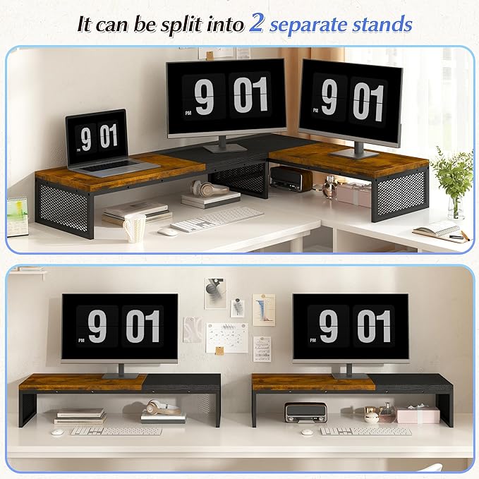 EnHomee 55.2" Computer Monitor Stand, Desk Shelf for Top of Desk for 3 * 23" Monitors/Laptop Computer/PC/Printers, TV Riser for 65 60 55 Inch TV for Bedroom Home Office, Rustic Brown