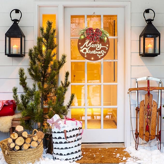 HOMCDALY Merry Christmas Sign for Front Door, Wooden Hanging Sign Door Decoration with 12 LED Light, Winter Welcome Wreath indoor outdoor Décor, Christmas Decoration.