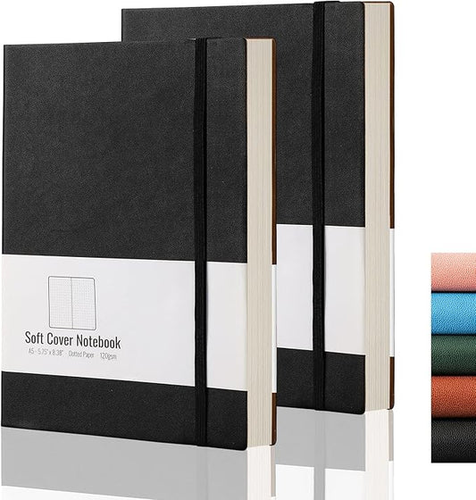 AHGXG Dotted Bullet Grid Journal 2 Pack - A5 Dot Grid Notebook Softcover, Medium 5.75'' × 8.38'', 320 Numbered Pages, 120gsm Thick Dotted Paper, Soft Leather Cover - Black