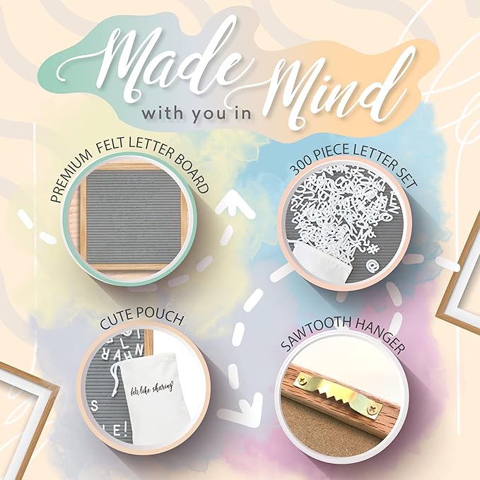 Felt Like Sharing Square Letter Board (Gray Felt - 10”x10”) – Changeable Message Board with 3 Sets of Felt Board Letters – Statement Wall Sign for Quotes, Home or Holiday Decor In Oak Frame