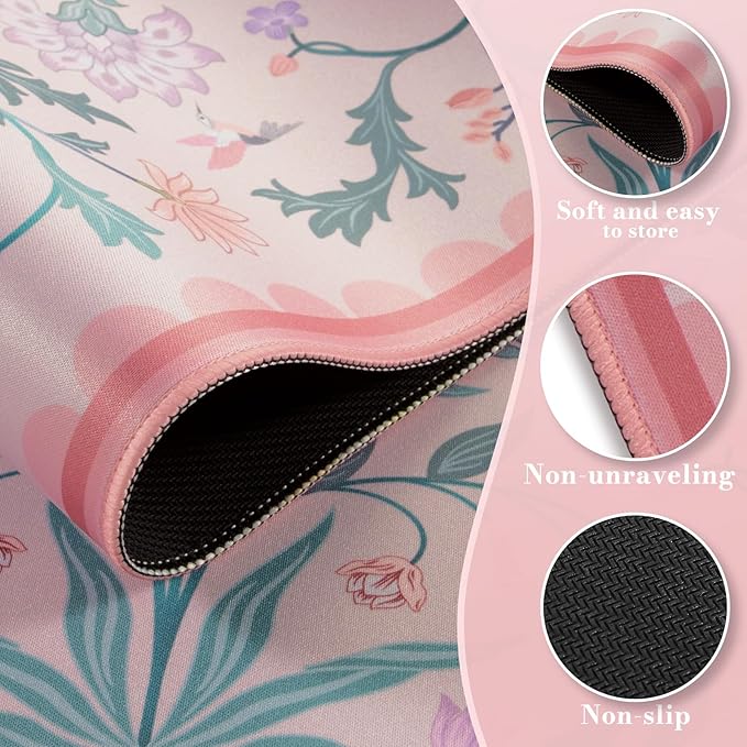 HAOCOO Pink Desk Mat, Aesthetic Flower Mouse Pad, 35.4" x 15.7" Computer Mat, Keyboard Pad Dorm Decor, Non-Slip Mouse Pad for Laptop with Stitched Edges, Home Office Desk Protector