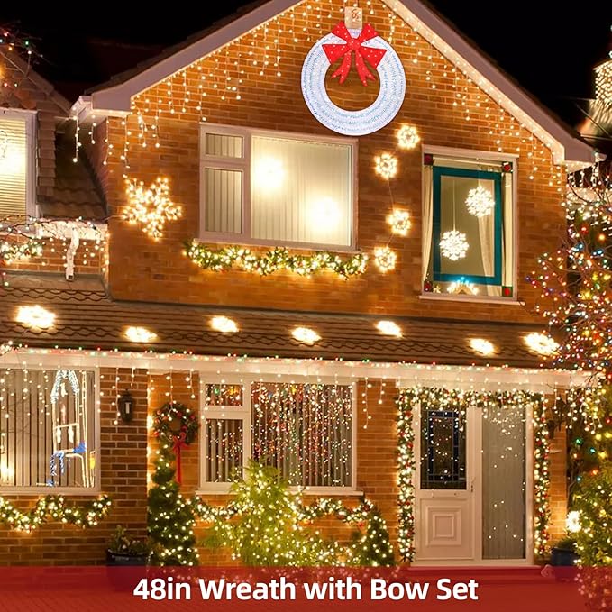 Hykolity 48 in. 3D Lighted Outdoor Iridescent Christmas Wreath with Red Bow, 140 LED Lights Christmas Wreath for Holiday, Garden, Porch Decoration