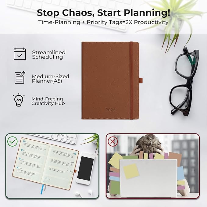 Weekly Monthly 2026 Planner (Jan.26-Dec.26),8.5"x6.5",12 Months Agenda Plan with Month Tabs & Pocket,Expenses/Note Pages, Appointment Book Calendar with Hardcover Vegan Leather Cover,Brown