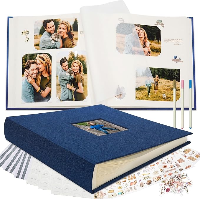 Vienrose Premium Scrapbook Photo Album with Writing Space 12"x12", DIY Scrapbook Album with 60 Pages, Large Photo Book for Baby Family Travel Vacation, Navy Blue