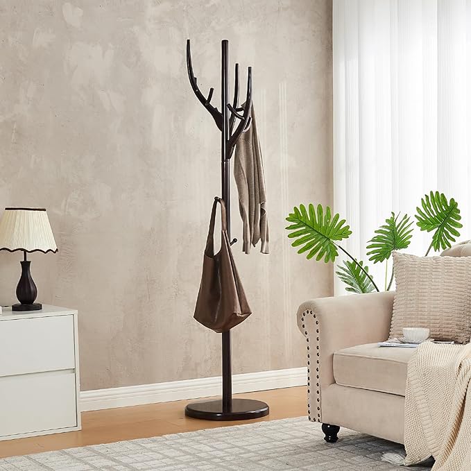 Uniclinens Coat Rack Freestanding Solid Wood Coat Tree Standing with 12 Hooks, Coat Rack Stand Creative Tree Branch-look (Dark Walnut)