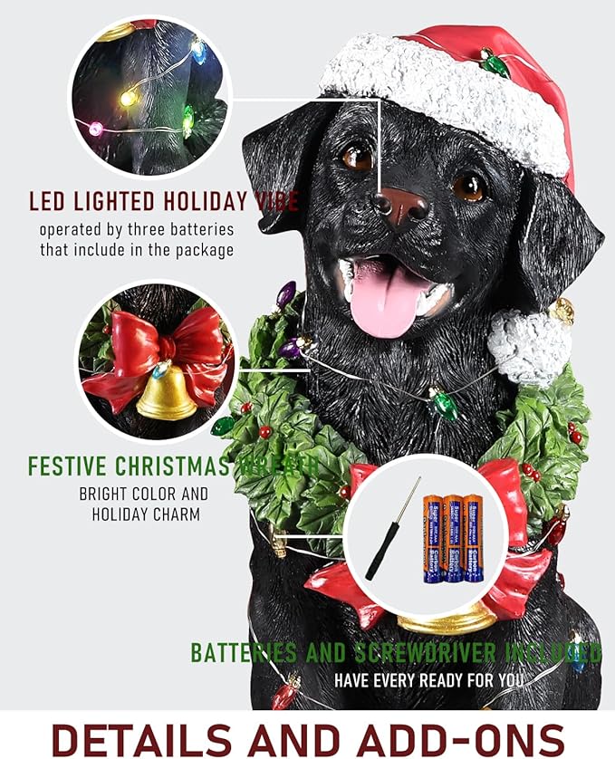 Christmas Outdoor Decoration Dog Statue, LED Light Cute Labrador Dog Sculpture with Santa Outfit & Lights for Garden and Yard, Indoor Holiday Décor Gift for mom and dad