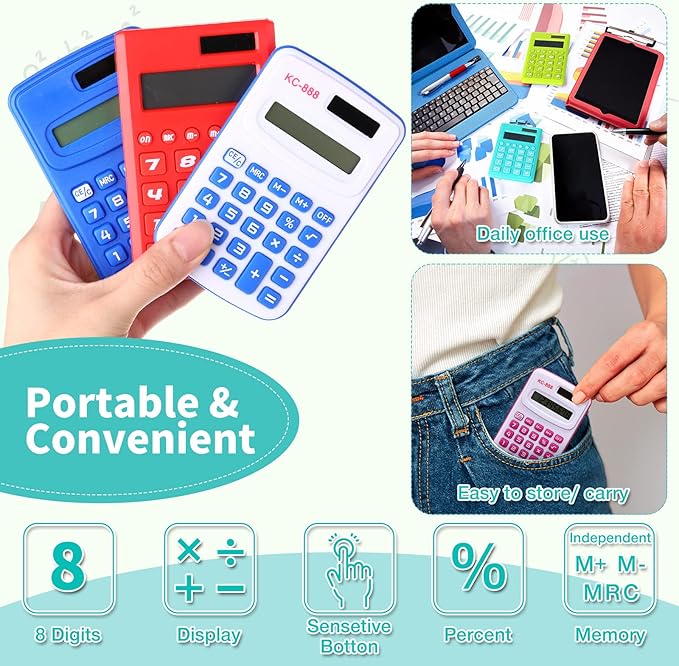 Yunsailing 48 Pcs Pocket Calculators Bulk Mini 8 Digit Handheld Calculator Small Basic Standard Calculator for Students Kids Teachers School Desktop Home Office, 3 Designs