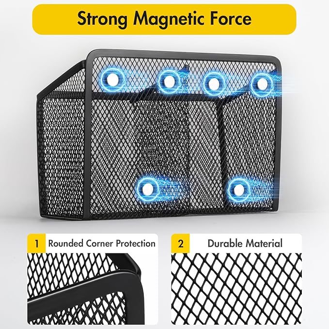 BEYGORM Magnetic Dry Erase Marker Holder for Whiteboard, Mesh Pen & Pencil Holder for Refrigerator, Strong Magnetic Basket for School Locker, Office & Classroom Organizer (Black, 1-Pack)