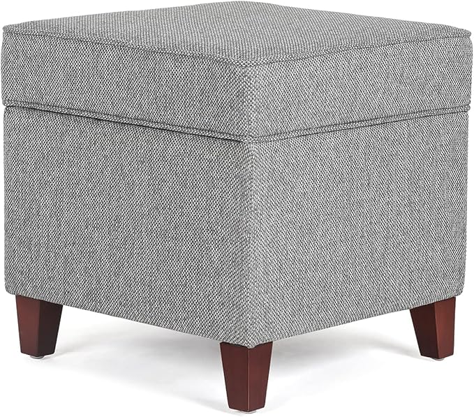 Adeco 17" Square Ottoman with Storage, Small Blue Storage Ottoman Foot Rest with Hinged Lid & Solid Wood Legs, Linen Fabric Foot Stool for Living Room & Bedroom