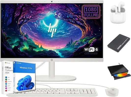 HP 22 inch FHD All-in-One Desktop Computer PC 2025 Flagship, 16GB RAM, 756GB Storage (256GB SSD + 500GB Ext), Intel Celeron CPU, Webcam, WiFi 6, HubxcelAccessory, Win 11 Pro, Lifetime Office 2024
