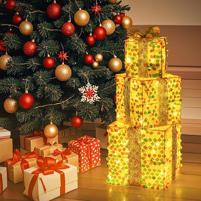 Tangkula Set of 3 Christmas Lighted Gift Boxes, Pre-lit 90 LED Light Up Present Box Decorations with Bows and Plug, Indoor Outdoor Xmas Boxes for Christmas Tree, Holiday Party Decorations