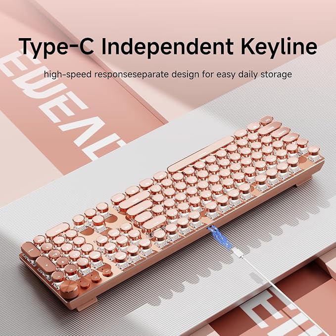 EWEADN Typewriter Style Mechanical Gaming Keyboard, Wired Mechanical Keyboards,104 Keys Backlit LED Keyboards, Media Control Knob, Wired Computer Keyboard Pink Switch for Windows/Mac/PC-Pink