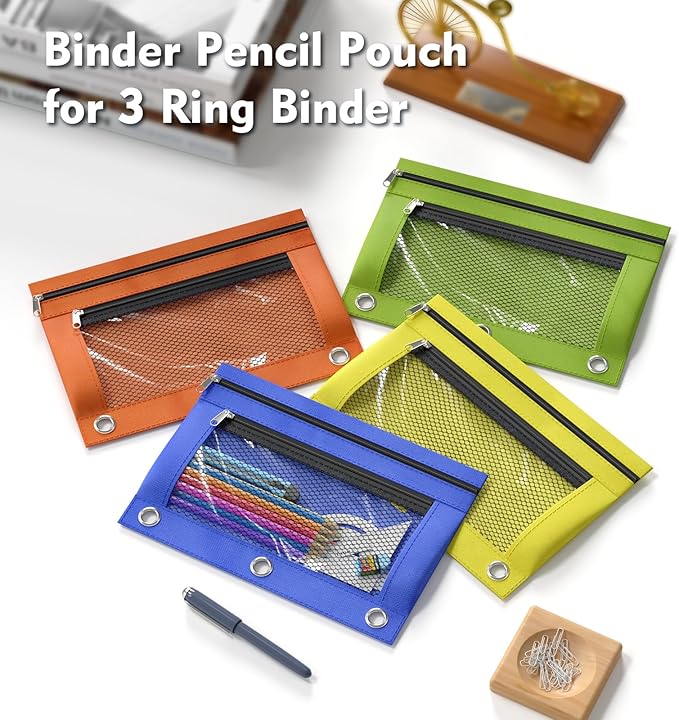 DoDoMagxanadu Binder Pencil Pouches, Pencil Pouch for 3 Ring Binder, Double Pocket Clear Window Pencil Case for Binder, Zippered Pencil Pouches with Rivet Enforced 3 Ring, 12 Pack