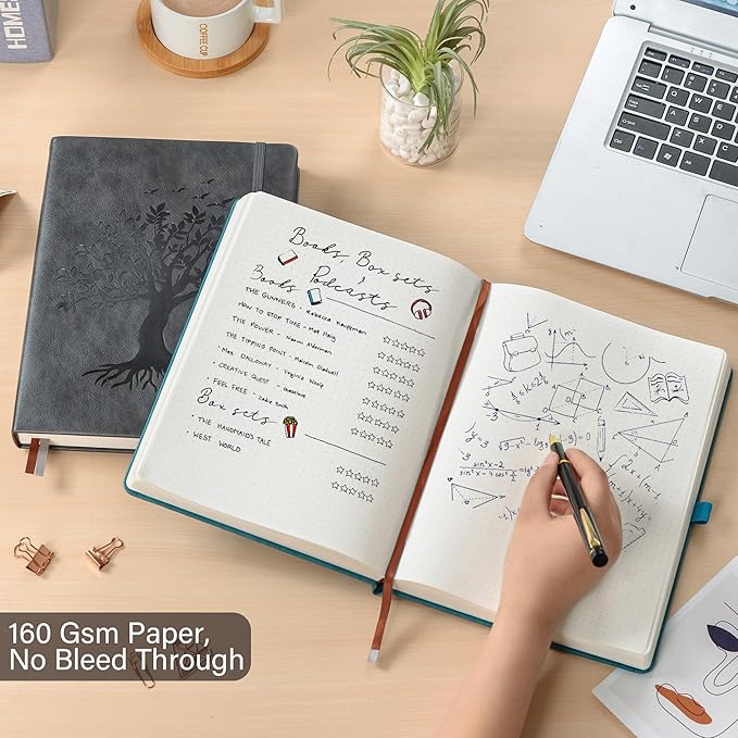 ZXHQ B5 Bullet Dotted Journal Notebook:150gsm Thick Paper, 256 Pages, Dot Grid Hardcover, Tree of Life Design, Fine Inner Pocket - 7.7" × 10" Dark Grey