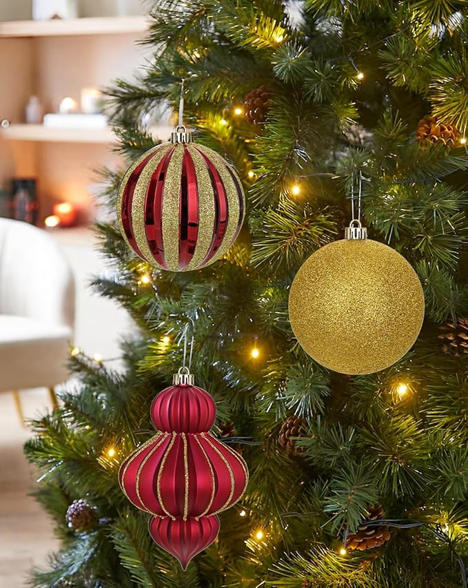 4" Christmas Ball Ornaments Set 12PCS Large Shatterproof Plastic Ornaments Christmas Tree Ball Hanging Ornaments for Xmas Tree Wedding Party Holiday Decorations - Dark Red, Gold