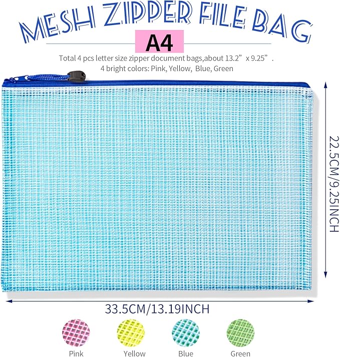 LEOBRO Mesh Zipper Pouch Bags, 13.2"x 9.2" Zipper Pouch, 4 pcs Mesh Bags with Zipper, Storage Bags Pouch for Organization Toy Puzzles Board Game Travel, File Jackets & File Pockets