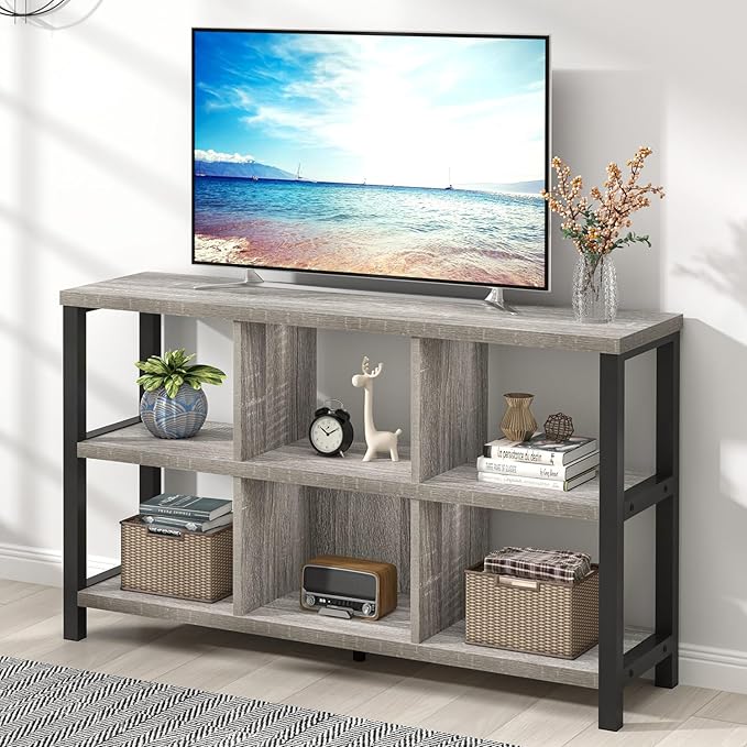 FOLUBAN 6 Cube Storage Organizer with Shelf, Industrial Horizontal Low Cubby Bookcase, Wood and Metal Bookshelf for Living Room Bedroom (Light Grey, 47 Inch)