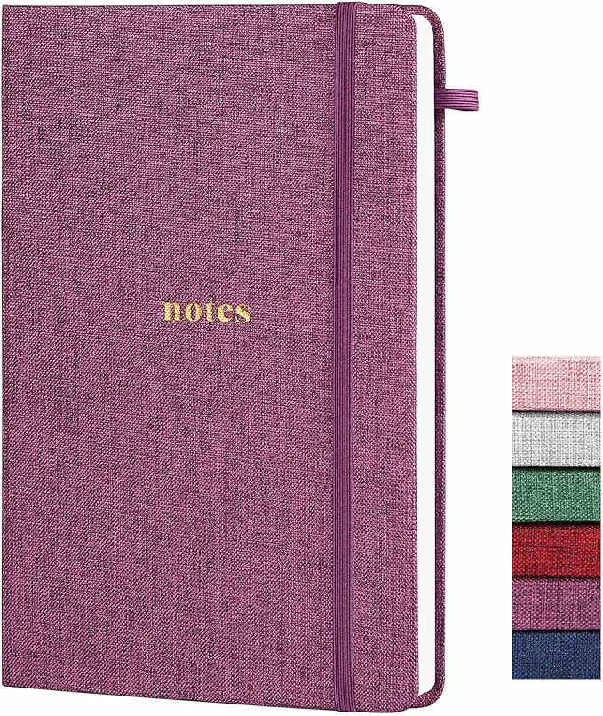 A5 Lined Journal Notebook – Hardcover Fabric Cover 160 Pages 100 GSM Thick Paper With Elastic Band & Pen Holder College Ruled Writing Notebooks for Work School Travel Purplishred