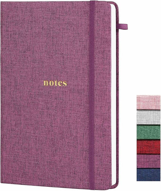 A5 Lined Journal Notebook – Hardcover Fabric Cover 160 Pages 100 GSM Thick Paper With Elastic Band & Pen Holder College Ruled Writing Notebooks for Work School Travel Purplishred