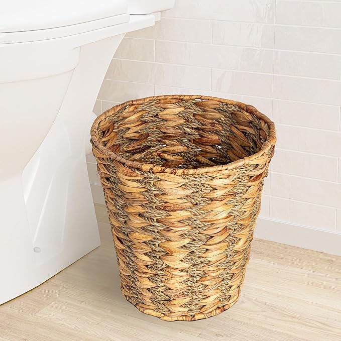 Household Essentials Water Hyacinth and Seagrass Round Waste Basket, Natural