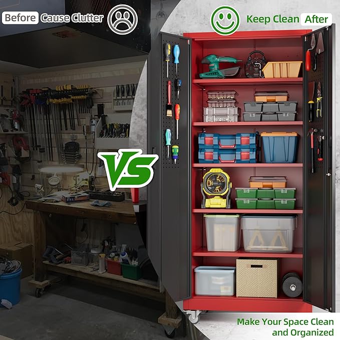 Aobabo Upgraded Garage Storage Cabinets with Wheels,Metal Storage Cabinets with 5 Adjustable Shelves for Garage Home Office Storage, Red-Black,71''H*32''W*16''D,Assembly Required