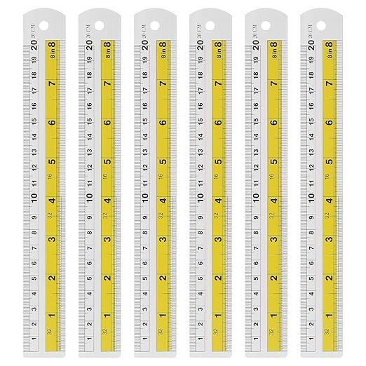 HARFINGTON 6pcs Metal Straight Ruler 20cm Metric SAE Aluminum Alloy Measuring Rulers Scale Tool with Hole for Measure Study Reading Classroom Office, Yellow