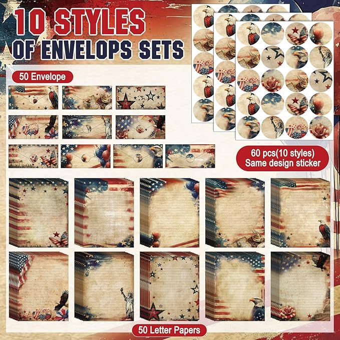 TaoBary 160 Pcs Stationery Paper Set 50 Double Sided Stationery Papers with 50 Matching Envelopes and 60 Round Dot Sticker, 10 Design(Patriotic,8.5 x 11 Inch)