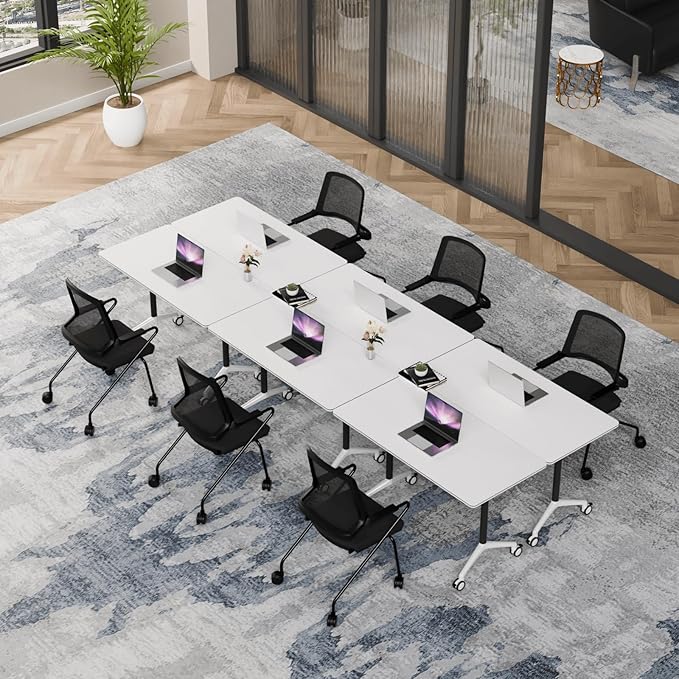Folding Conference Table, Modern Conference Room Tables with Flip-Top Design, Foldable Conference Table Meeting Table with Wheels, Mobile Seminar Training Tables for Office Classroom (8, White 2)