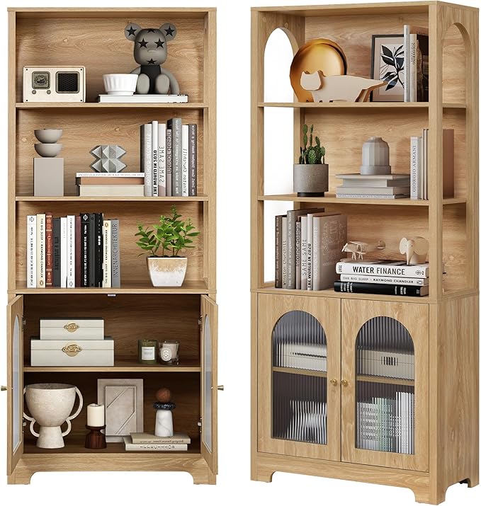RARZOE Set of 2 Bookshelves and Bookcases, 5-Tier Arched Bookshelf with Glass Doors, Floor Standing 5 Shelf Book case, Wood Display Cabinet Storage Organizer for Living Room, Bedroom, Office(Natural)