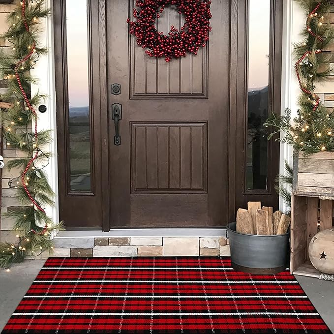 CAINANEL Buffalo Plaid Outdoor Rug Christmas Door Mat Christmas Decor Welcome Rug Cotton Hand-Woven Layered Door Mats for Front Porch, Kitchen, Farmhouse, Entryway (35.4''x59'', Red/Black/White)