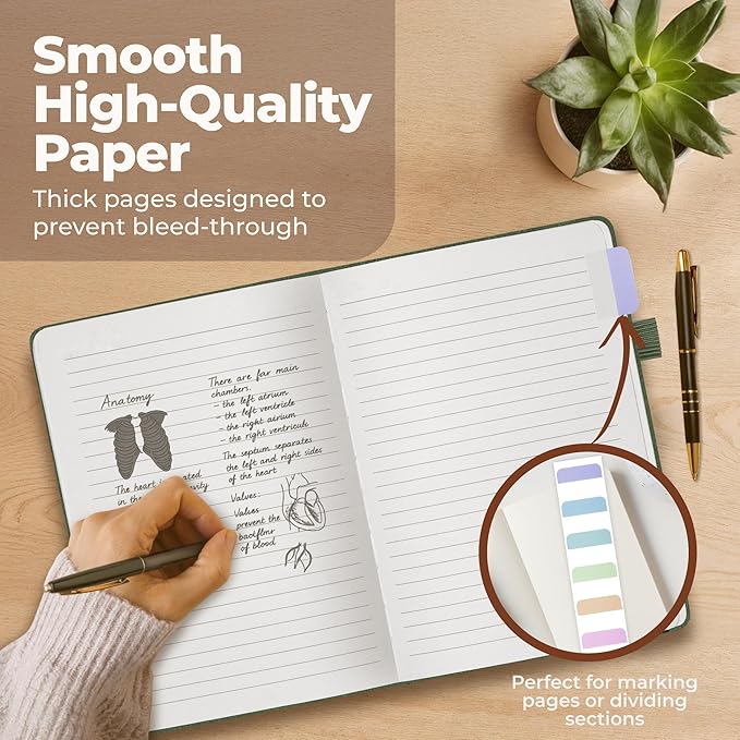 Classic Lined Journal Notebook 8.5x11" A4 Hardcover Leather - Green - 200 Pages College Ruled Large with Sticky Tabs, Pockets, and Pen Loop for Writing and Journaling - Big Hardback Men and Women