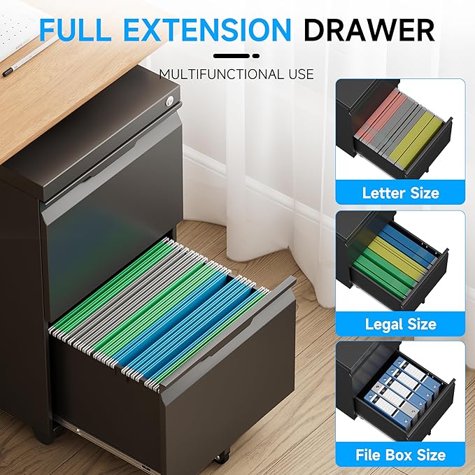 Bestoo 2-Drawer Mobile File Cabinet with Lock, Metal Filing Cabinet on Wheels for Home Office Under Desk, Fits File Folders, Letter/Legal/F4/A4 Size, Assembly Required (Black)