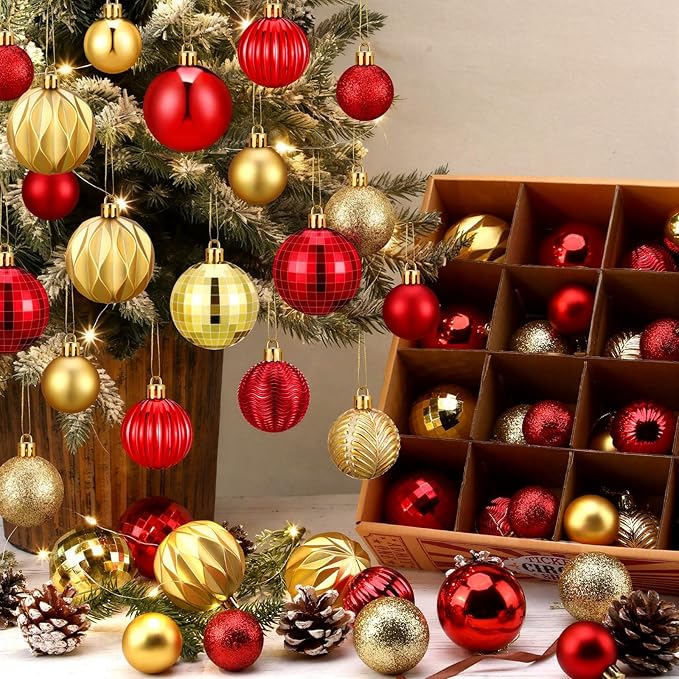 64 Pcs Red and Gold Christmas Ball Ornaments Glitter Matte Xmas Tree Ornaments 1.6 1.97 2.4 Inch Shatterproof Assorted Size Christmas Baubles for Tree Home Indoor Decor